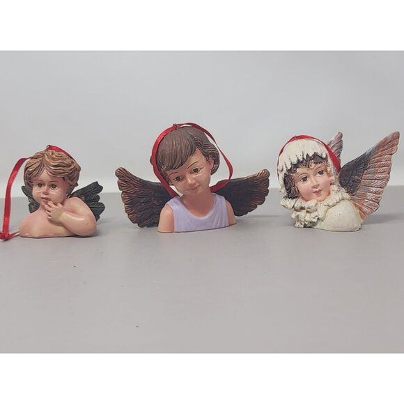 Set Of 3 Angel Head Christmas Tree Ornaments With Red‎ Ribbon Hangers - Picture 1 of 12